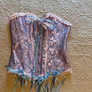 Lavender Brocade Corset with Blue Ribbon Trim - Women Intimates & Sleepwear